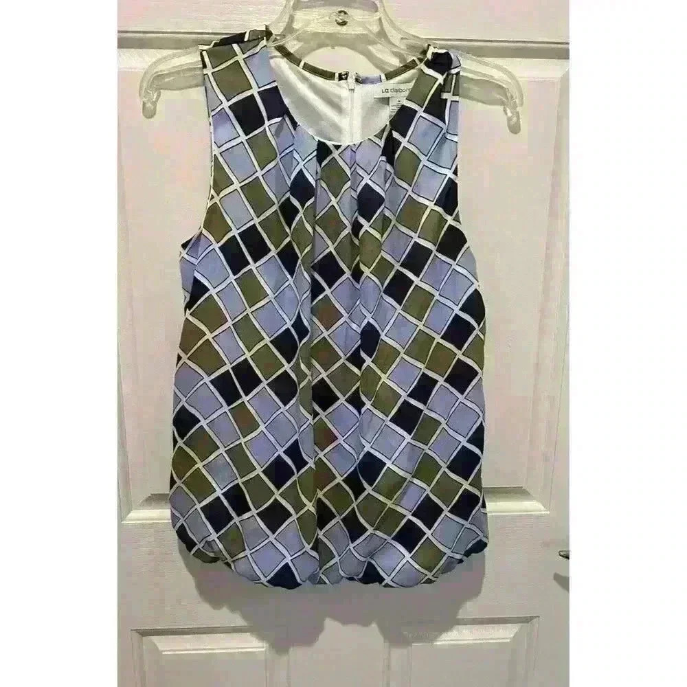Liz Claiborne blue/green squares round neck sleeveless career blouse Women's M